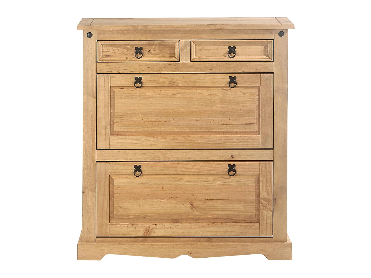 Meuble à chaussures TEQUILA style mexicain armoire 2 abattants et 2 tiroirs rangement 16 paires, pin massif finition teintée/cirée