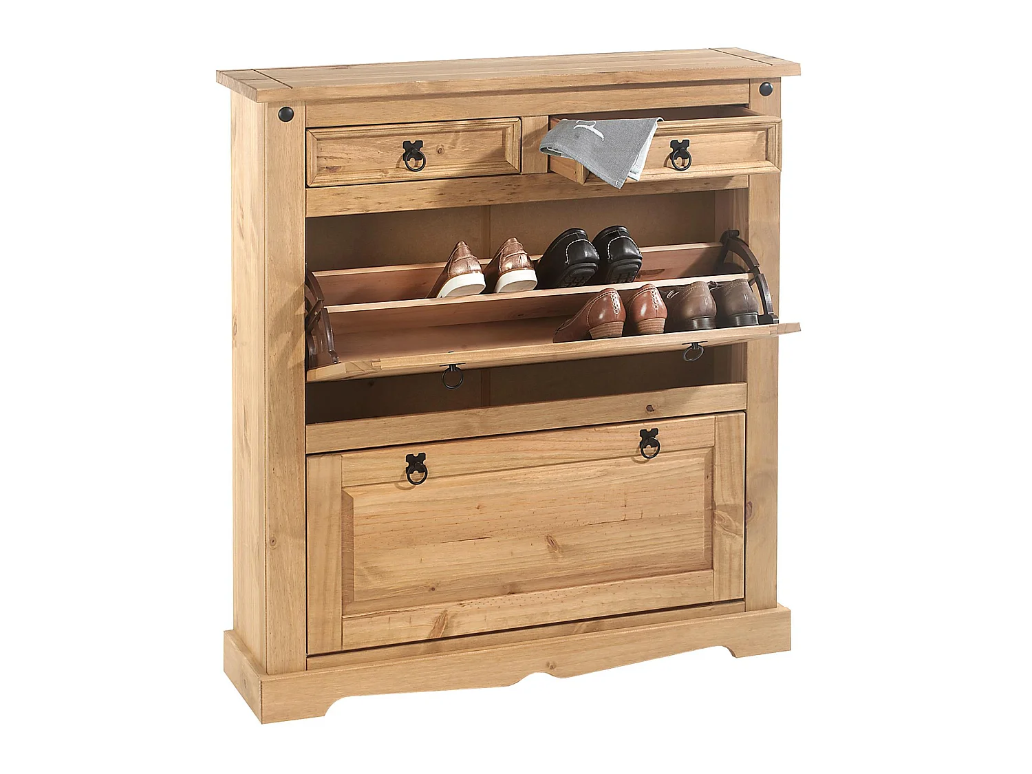 Meuble à chaussures TEQUILA style mexicain armoire 2 abattants et 2 tiroirs rangement 16 paires, pin massif finition teintée/cirée