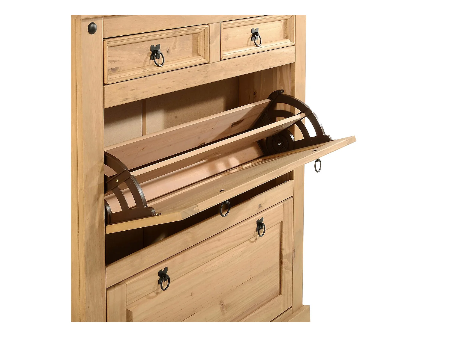 Meuble à chaussures TEQUILA style mexicain armoire 2 abattants et 2 tiroirs rangement 16 paires, pin massif finition teintée/cirée