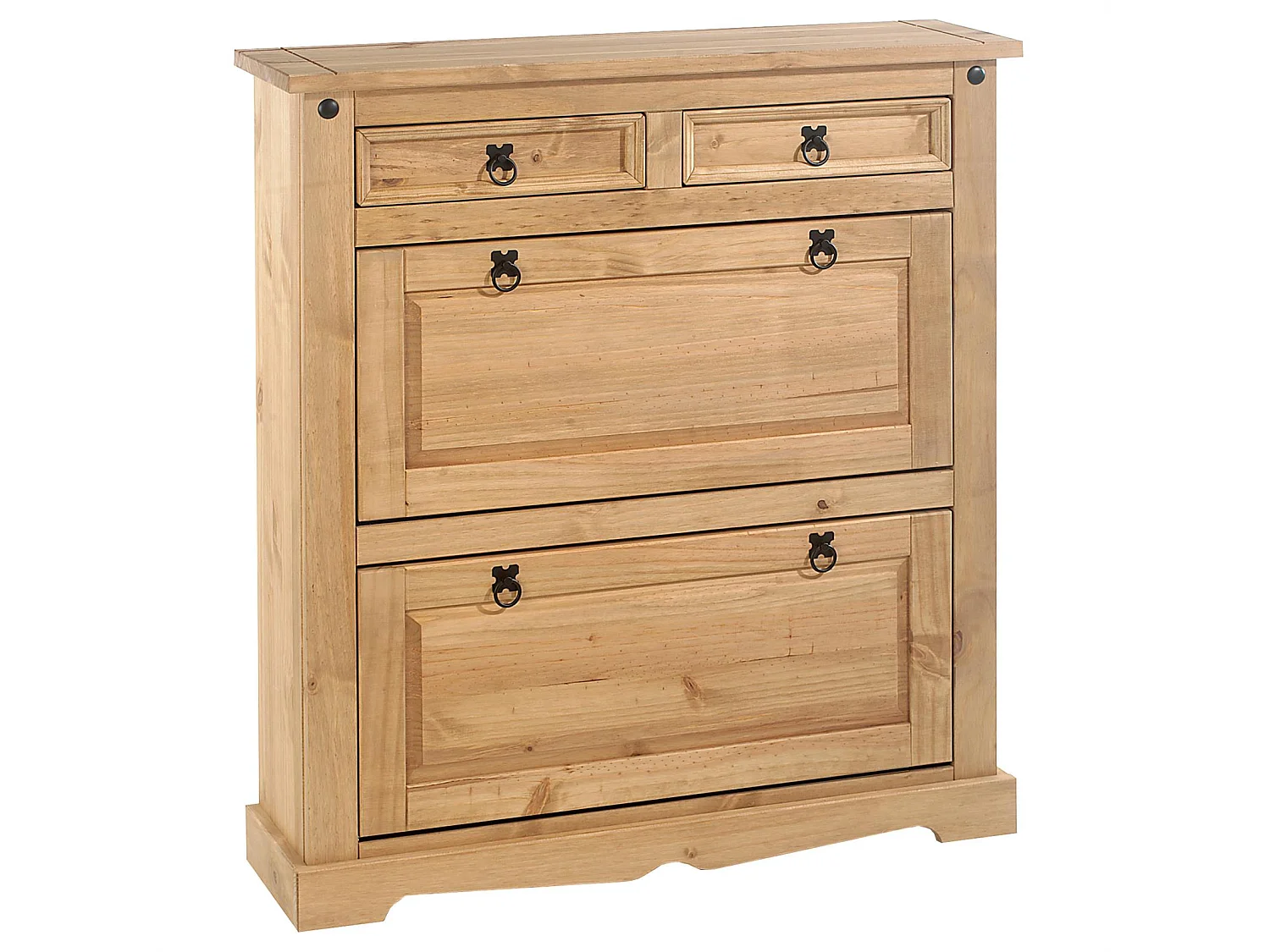 Meuble à chaussures TEQUILA style mexicain armoire 2 abattants et 2 tiroirs rangement 16 paires, pin massif finition teintée/cirée