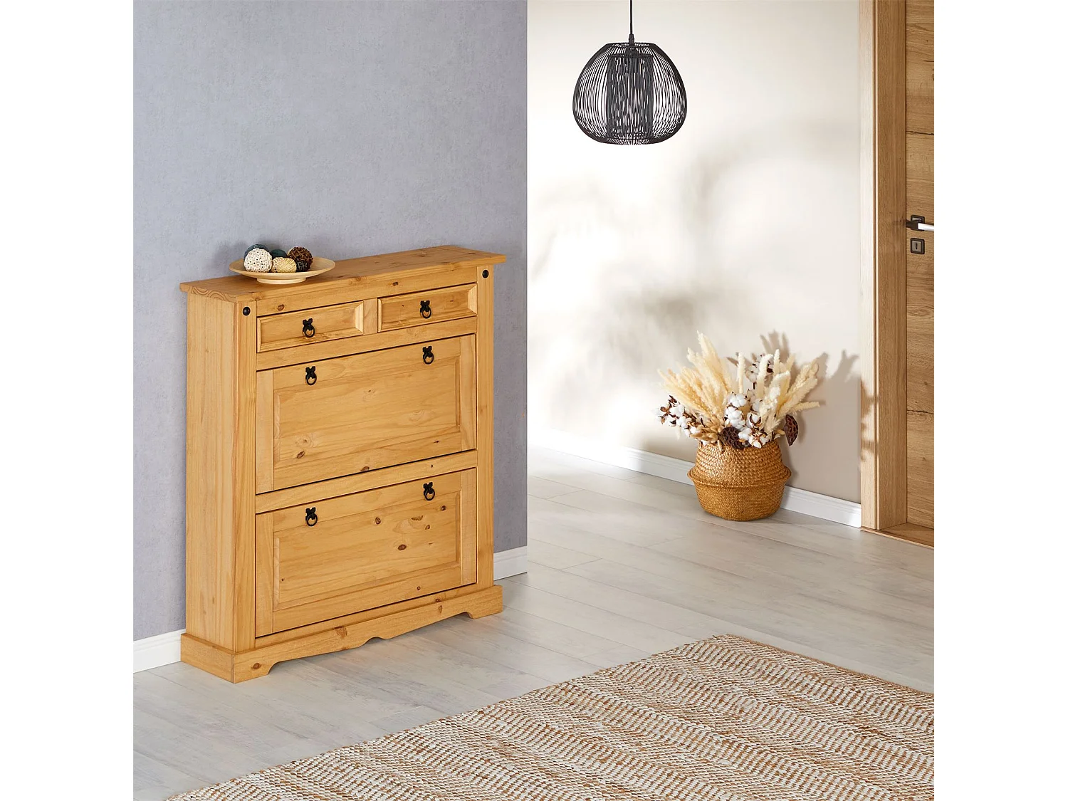 Meuble à chaussures TEQUILA style mexicain armoire 2 abattants et 2 tiroirs rangement 16 paires, pin massif finition teintée/cirée