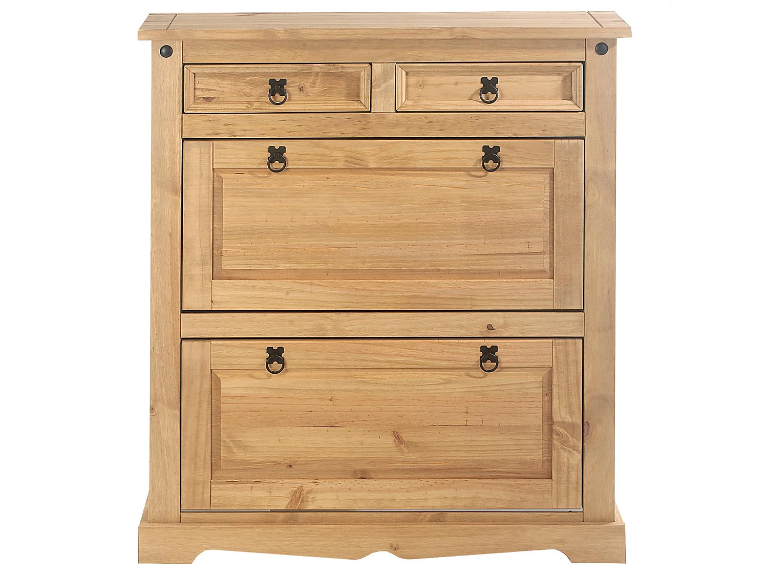 Meuble à chaussures TEQUILA style mexicain armoire 2 abattants et 2 tiroirs rangement 16 paires, pin massif finition teintée/cirée