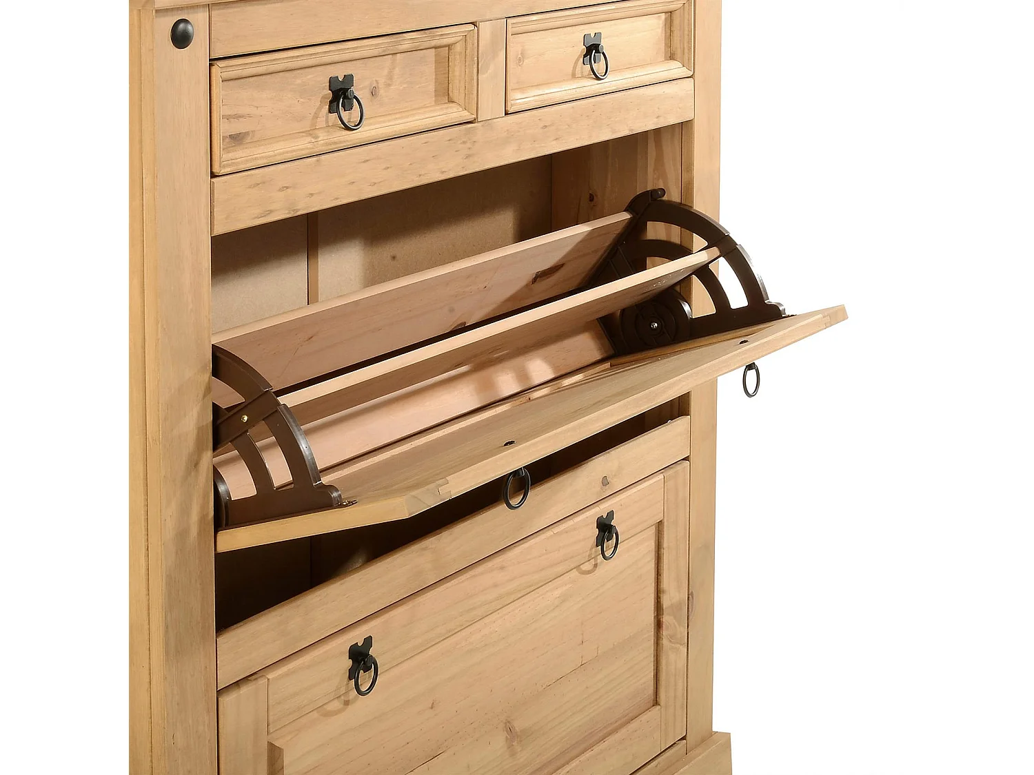 Meuble à chaussures TEQUILA style mexicain armoire 2 abattants et 2 tiroirs rangement 16 paires, pin massif finition teintée/cirée