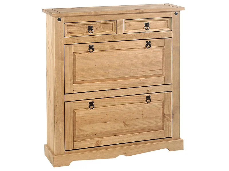 Meuble à chaussures TEQUILA style mexicain armoire 2 abattants et 2 tiroirs rangement 16 paires, pin massif finition teintée/cirée