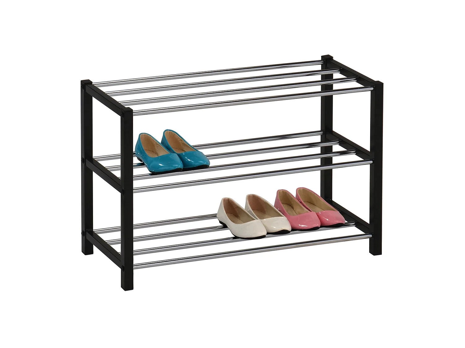 Étagère à chaussures DUBLIN rangement porte-chaussures avec 3 niveaux pour 12 paires en métal chromé et laqué noir