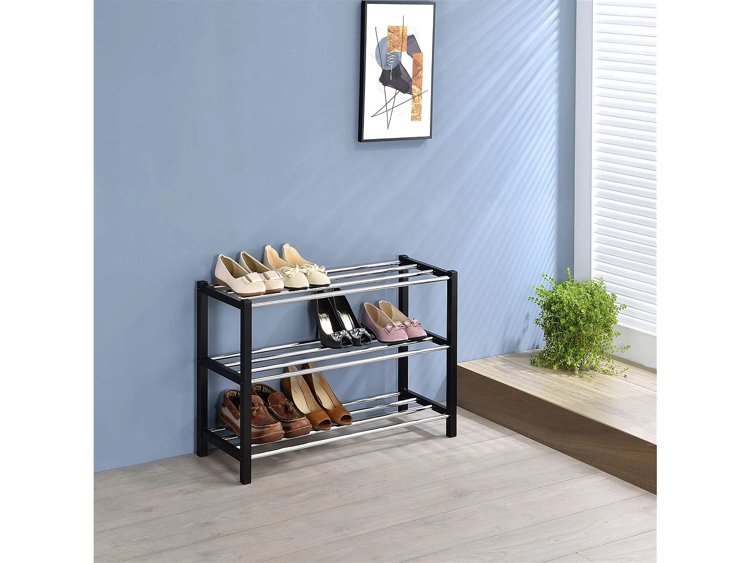 Étagère à chaussures DUBLIN rangement porte-chaussures avec 3 niveaux pour 12 paires en métal chromé et laqué noir