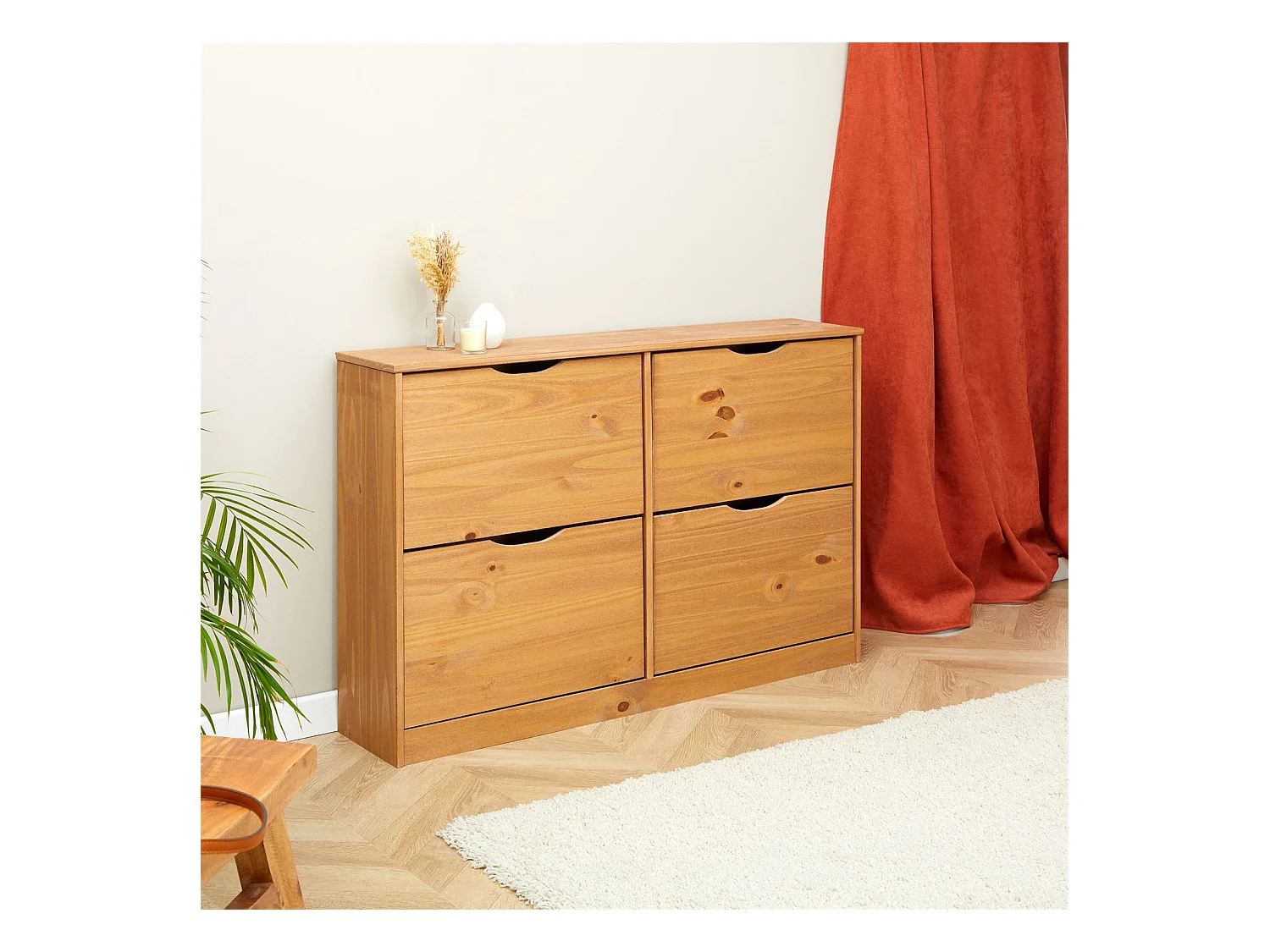 Meuble à chaussures BASIL armoire avec 2 x 2 abattants rangement pour 24 paires, en pin massif lasuré couleur miel