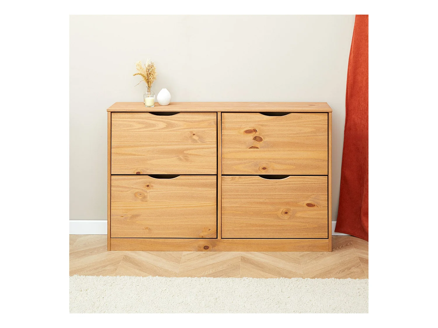 Meuble à chaussures BASIL armoire avec 2 x 2 abattants rangement pour 24 paires, en pin massif lasuré couleur miel