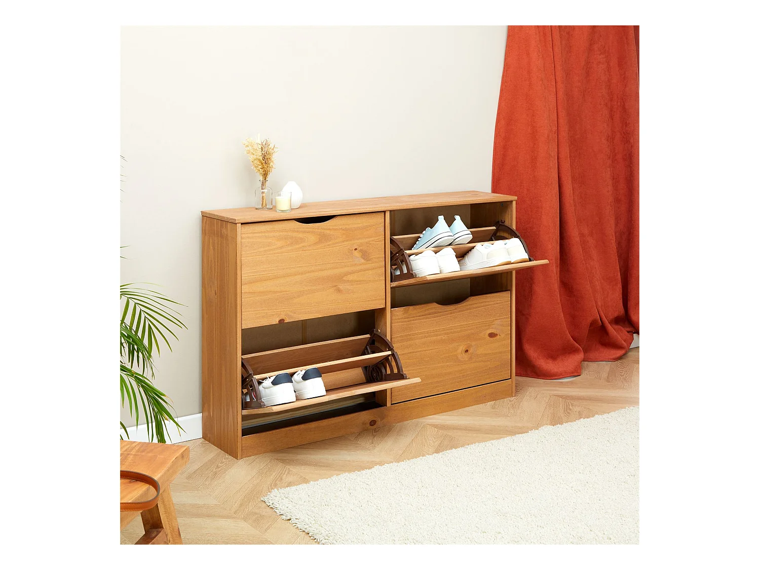 Meuble à chaussures BASIL armoire avec 2 x 2 abattants rangement pour 24 paires, en pin massif lasuré couleur miel