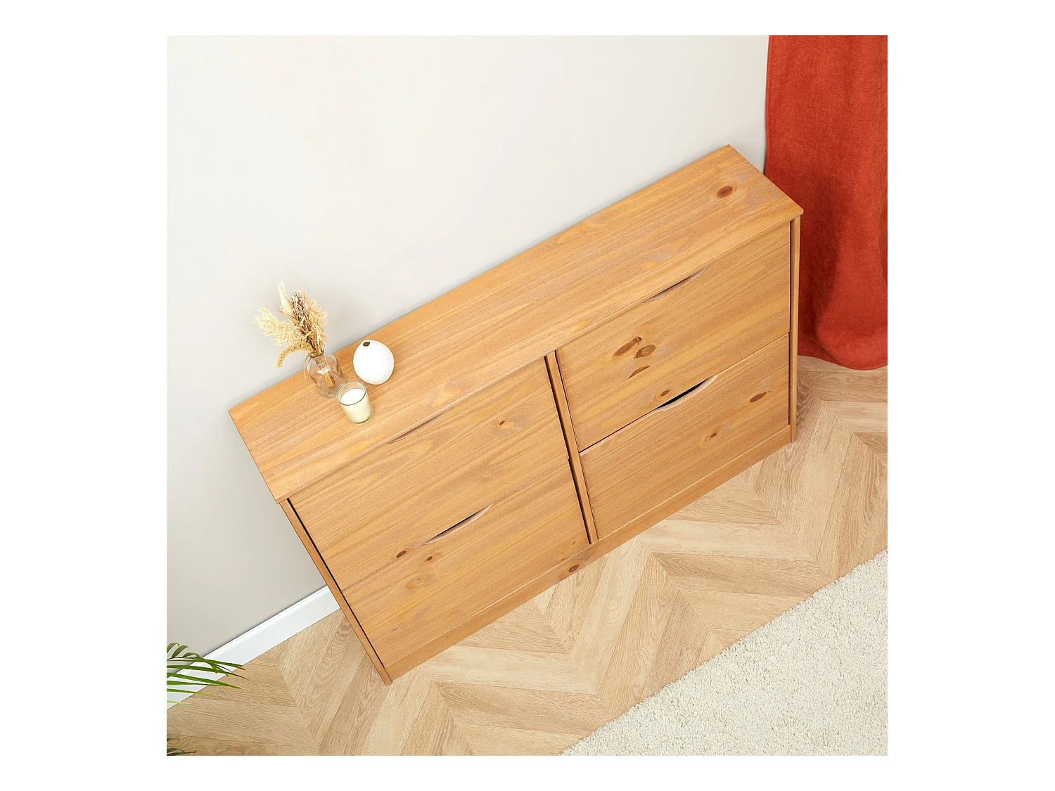 Meuble à chaussures BASIL armoire avec 2 x 2 abattants rangement pour 24 paires, en pin massif lasuré couleur miel