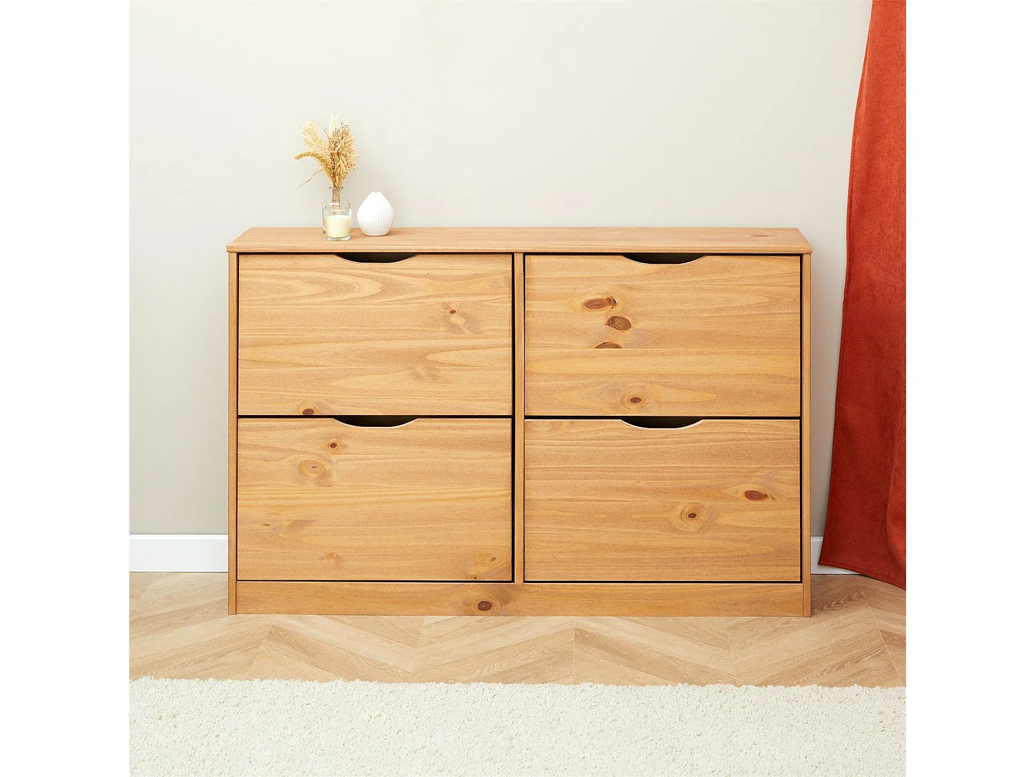 Meuble à chaussures BASIL armoire avec 2 x 2 abattants rangement pour 24 paires, en pin massif lasuré couleur miel