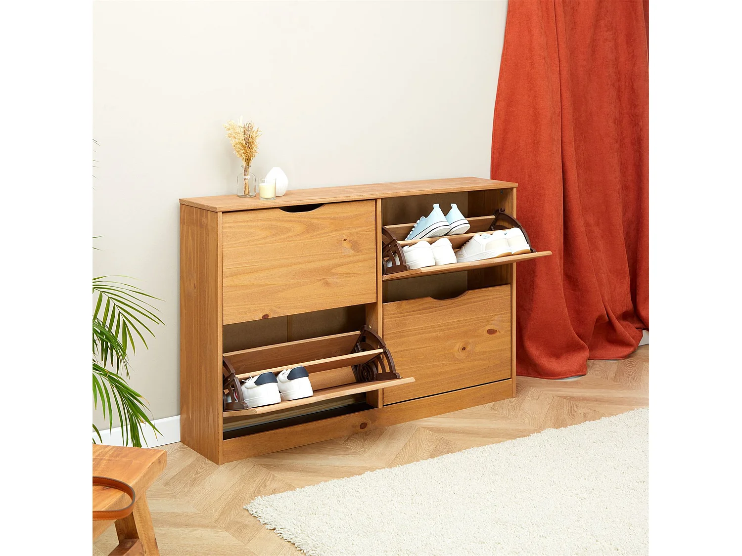 Meuble à chaussures BASIL armoire avec 2 x 2 abattants rangement pour 24 paires, en pin massif lasuré couleur miel