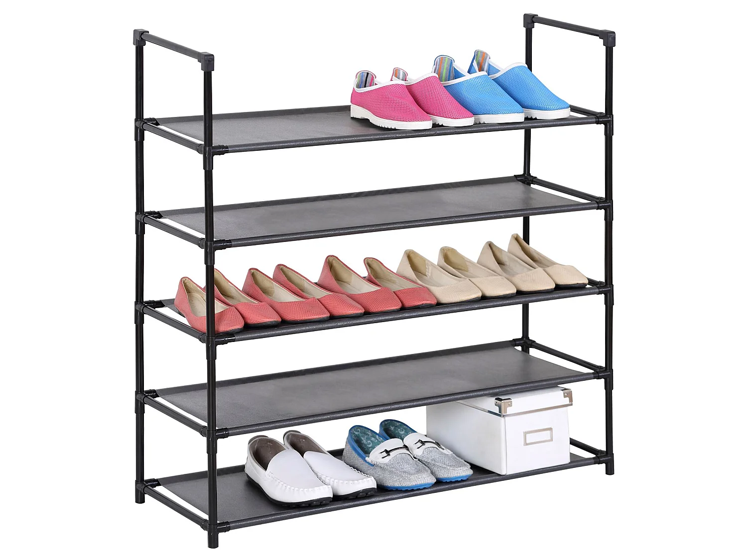 Etagères à chaussures WILLY rangement avec 5 tablettes en tissu et une structure en métal laqué noir