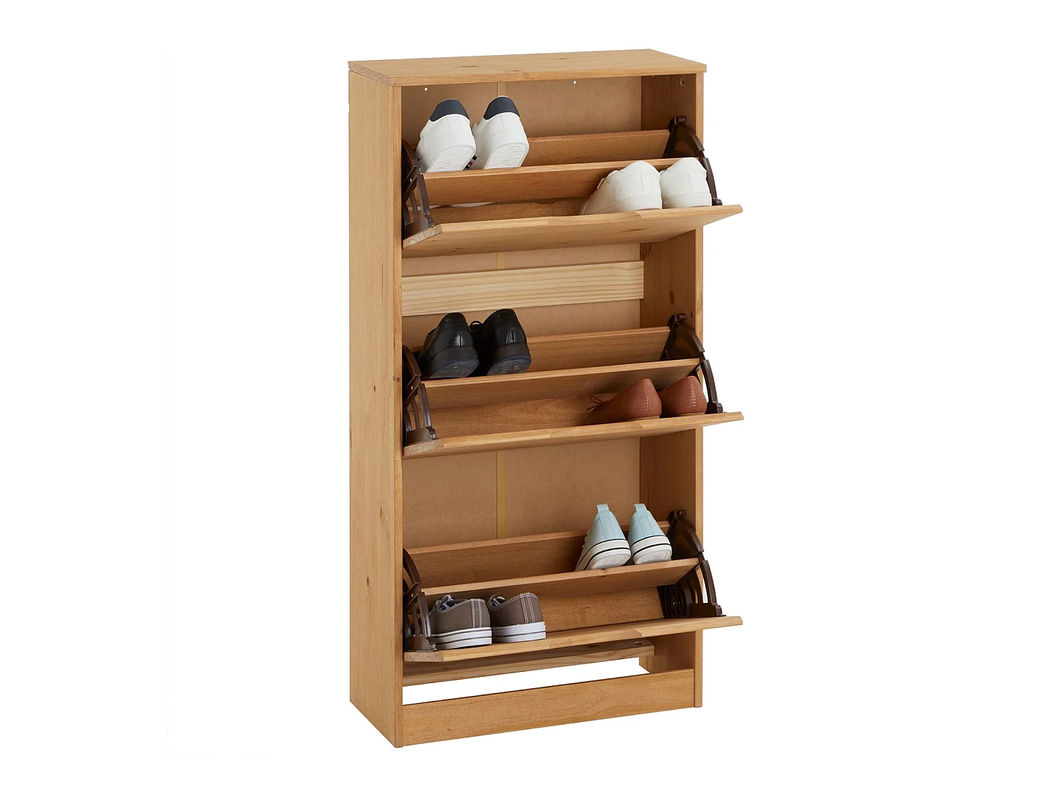 Meuble à chaussures BASIL armoire avec 3 abattants rangement pour 18 paires, pin massif lasuré brun, style campagne