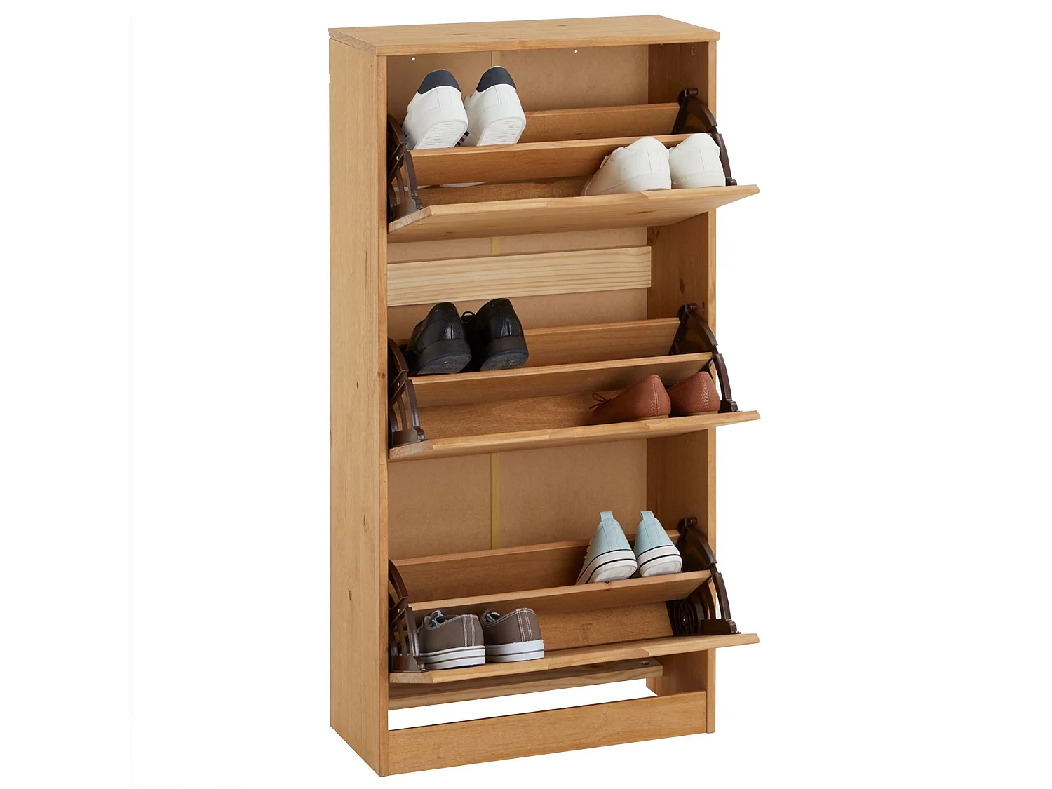 Meuble à chaussures BASIL armoire avec 3 abattants rangement pour 18 paires, pin massif lasuré brun, style campagne