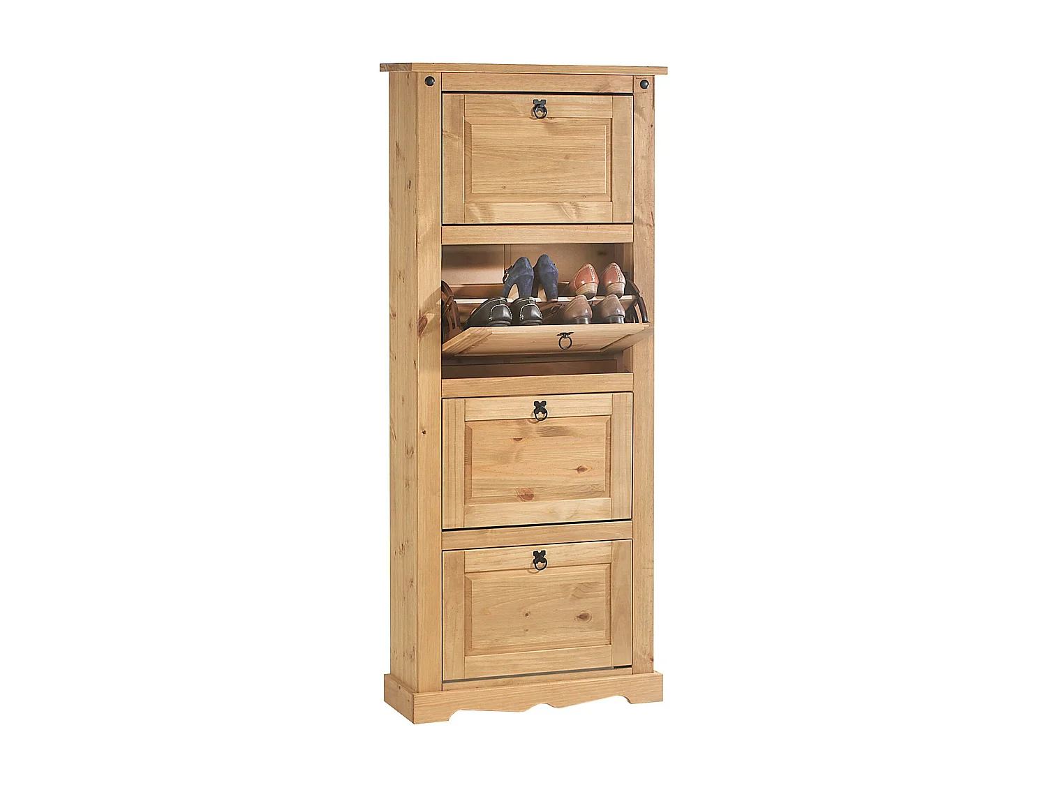 Meuble à chaussures TEQUILA style mexicain armoire à chaussures avec 4 abattants, en pin massif finition teintée et cirée