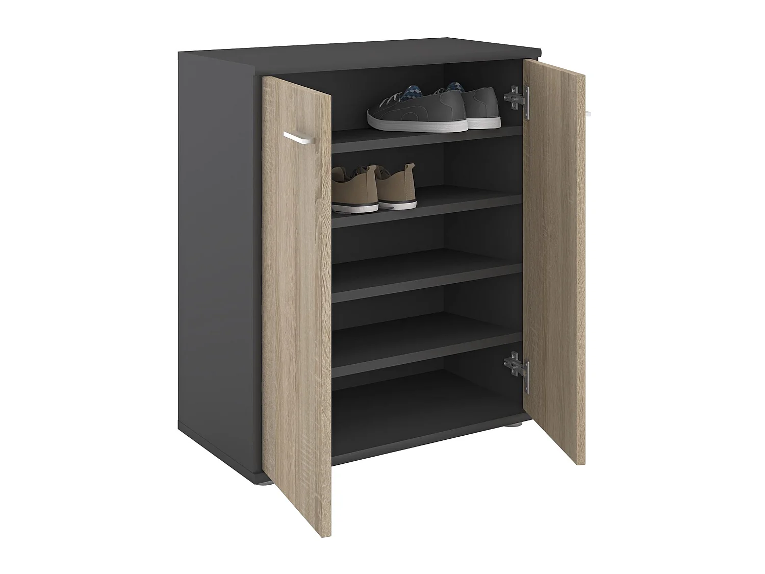 Meuble à chaussures OLYMPE, commode meuble de rangement avec 2 portes, en mélaminé gris mat et décor chêne sonoma