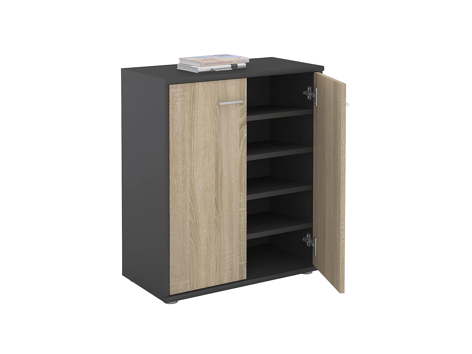 Meuble à chaussures OLYMPE, commode meuble de rangement avec 2 portes, en mélaminé gris mat et décor chêne sonoma