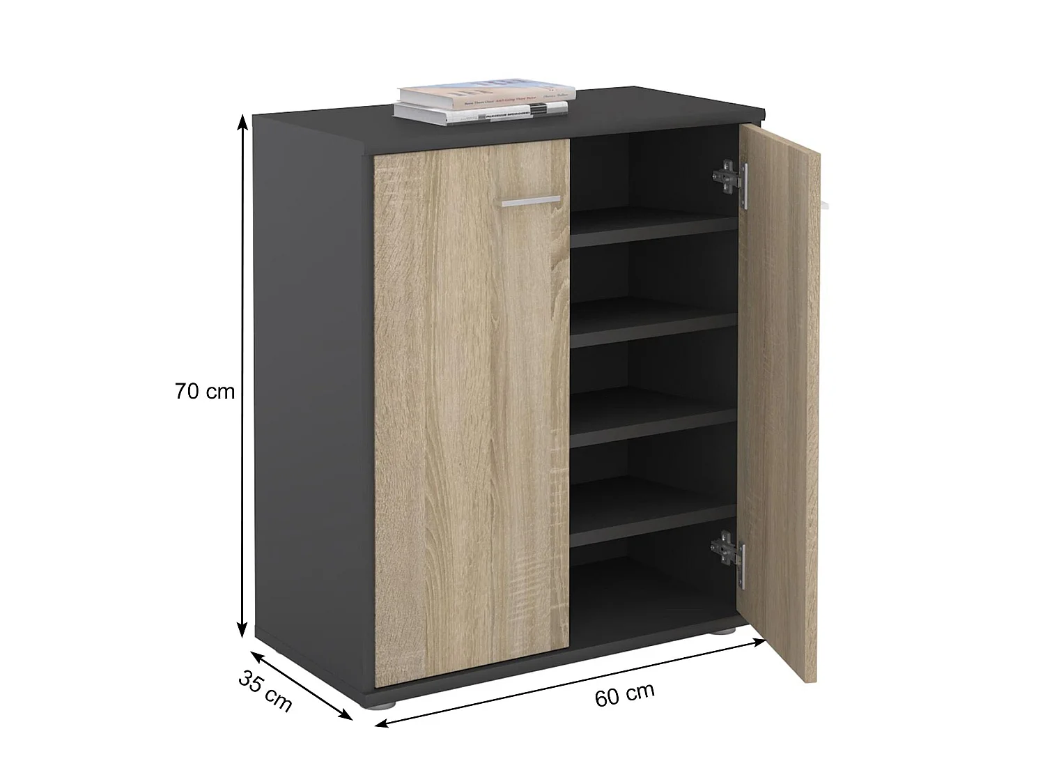 Meuble à chaussures OLYMPE, commode meuble de rangement avec 2 portes, en mélaminé gris mat et décor chêne sonoma