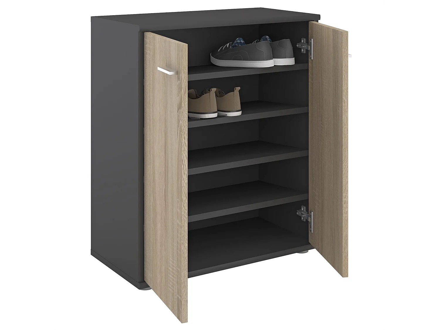 Meuble à chaussures OLYMPE, commode meuble de rangement avec 2 portes, en mélaminé gris mat et décor chêne sonoma