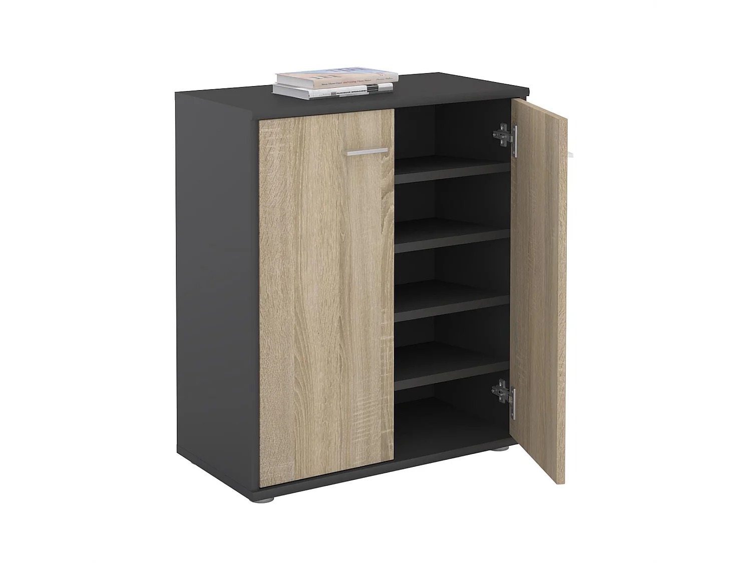 Meuble à chaussures OLYMPE, commode meuble de rangement avec 2 portes, en mélaminé gris mat et décor chêne sonoma