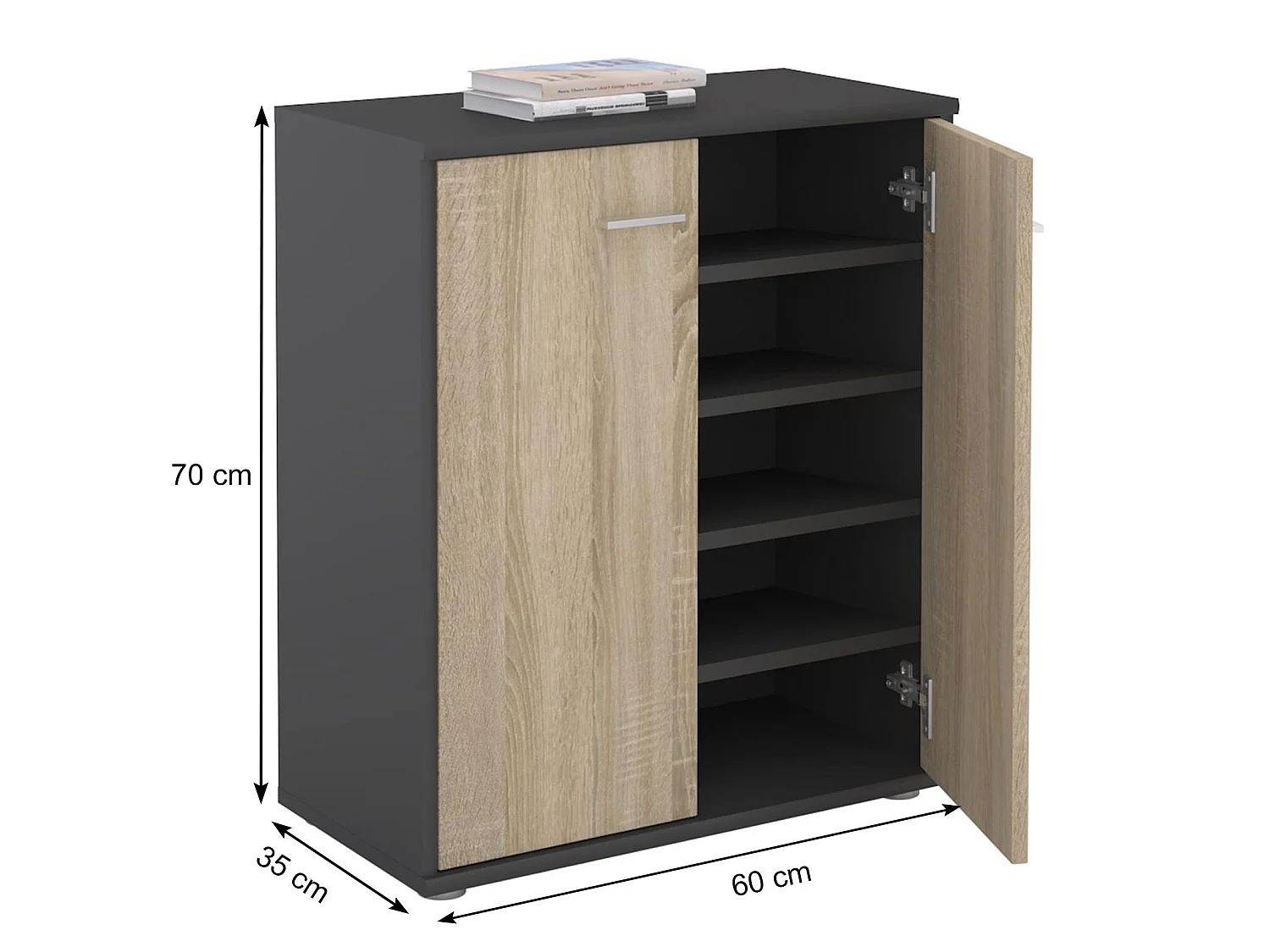 Meuble à chaussures OLYMPE, commode meuble de rangement avec 2 portes, en mélaminé gris mat et décor chêne sonoma