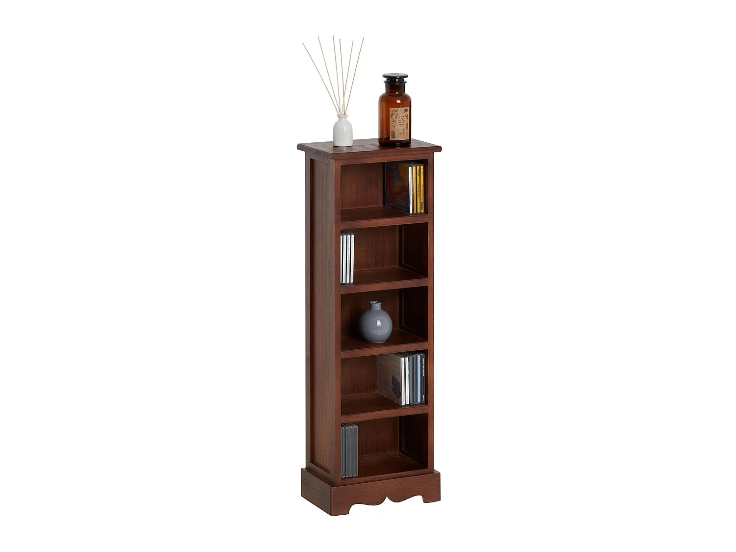 Etagère MUSICA, rangement pour CD avec 4 tablettes, au style maison de campagne, en bois de paulownia et MDF lasuré brun foncé