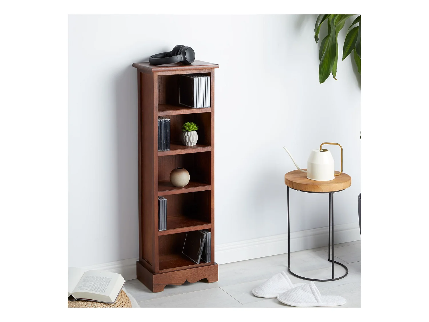 Etagère MUSICA, rangement pour CD avec 4 tablettes, au style maison de campagne, en bois de paulownia et MDF lasuré brun foncé