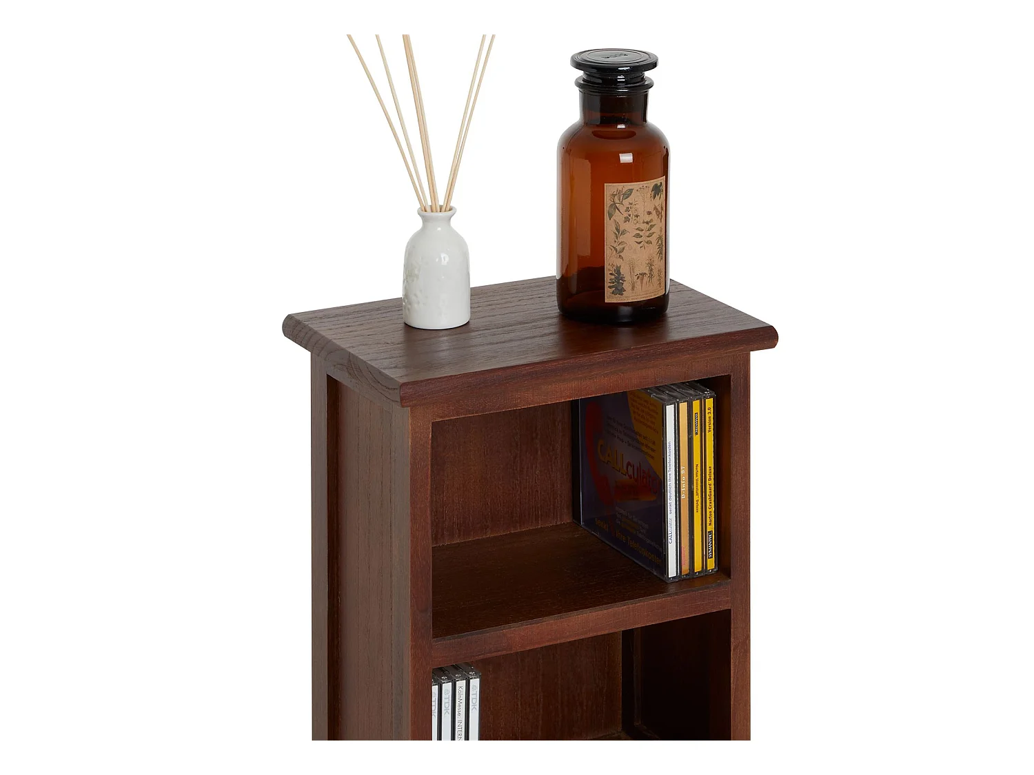 Etagère MUSICA, rangement pour CD avec 4 tablettes, au style maison de campagne, en bois de paulownia et MDF lasuré brun foncé