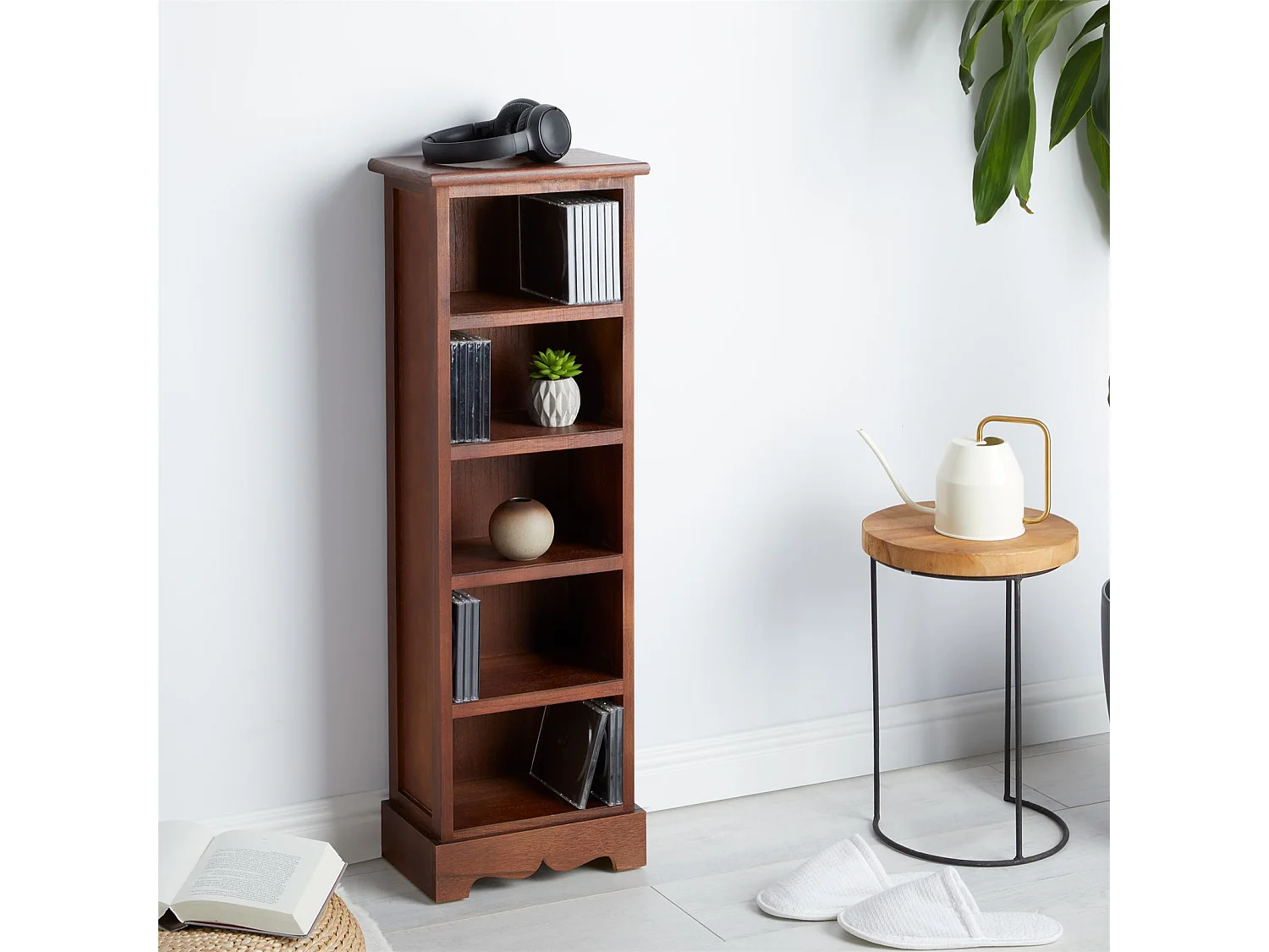 Etagère MUSICA, rangement pour CD avec 4 tablettes, au style maison de campagne, en bois de paulownia et MDF lasuré brun foncé