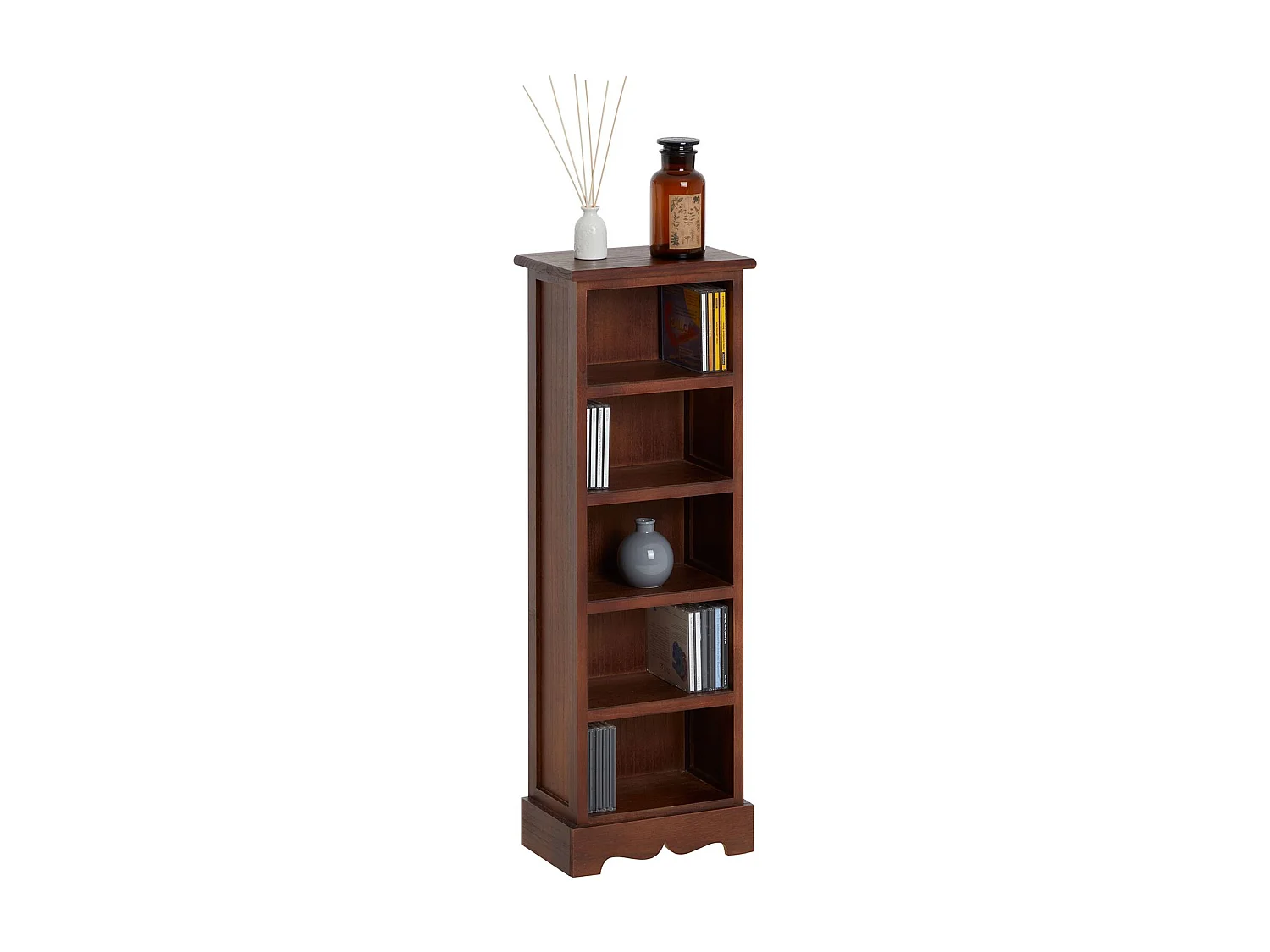 Etagère MUSICA, rangement pour CD avec 4 tablettes, au style maison de campagne, en bois de paulownia et MDF lasuré brun foncé