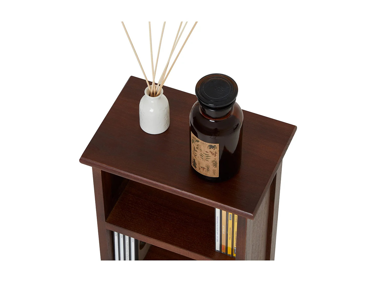 Etagère MUSICA, rangement pour CD avec 4 tablettes, au style maison de campagne, en bois de paulownia et MDF lasuré brun foncé