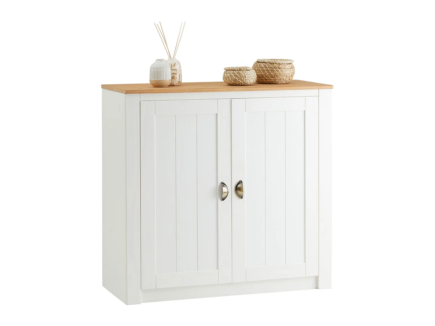 Buffet salle à manger BOLTON en bois massif L 91 cm avec 2 grandes portes battantes , blanc et brun