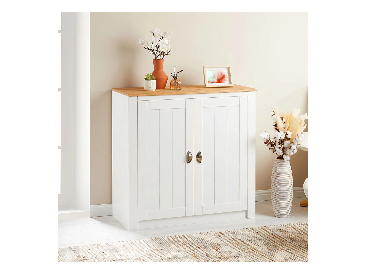 Buffet salle à manger BOLTON en bois massif L 91 cm avec 2 grandes portes battantes , blanc et brun