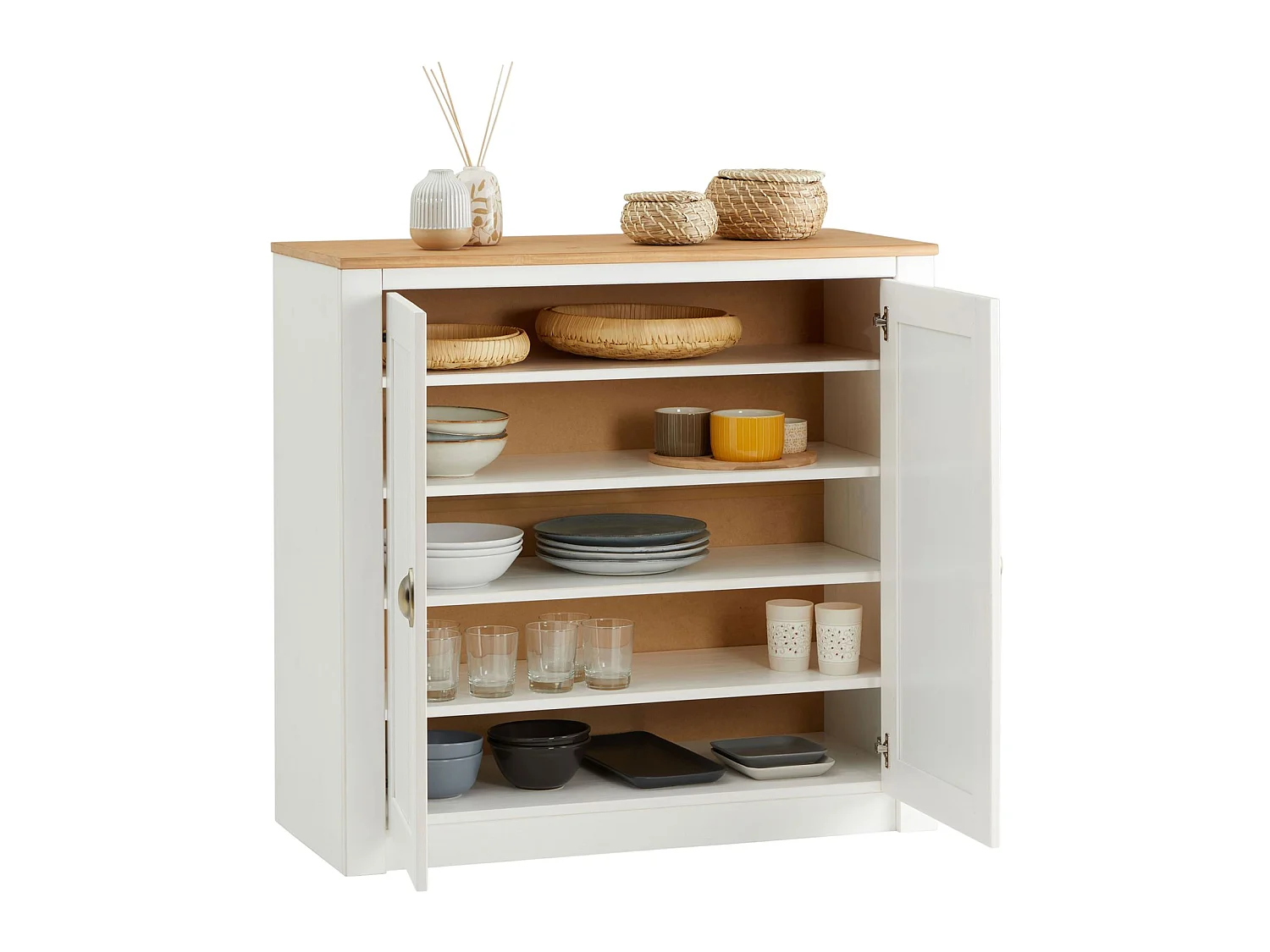 Buffet salle à manger BOLTON en bois massif L 91 cm avec 2 grandes portes battantes , blanc et brun