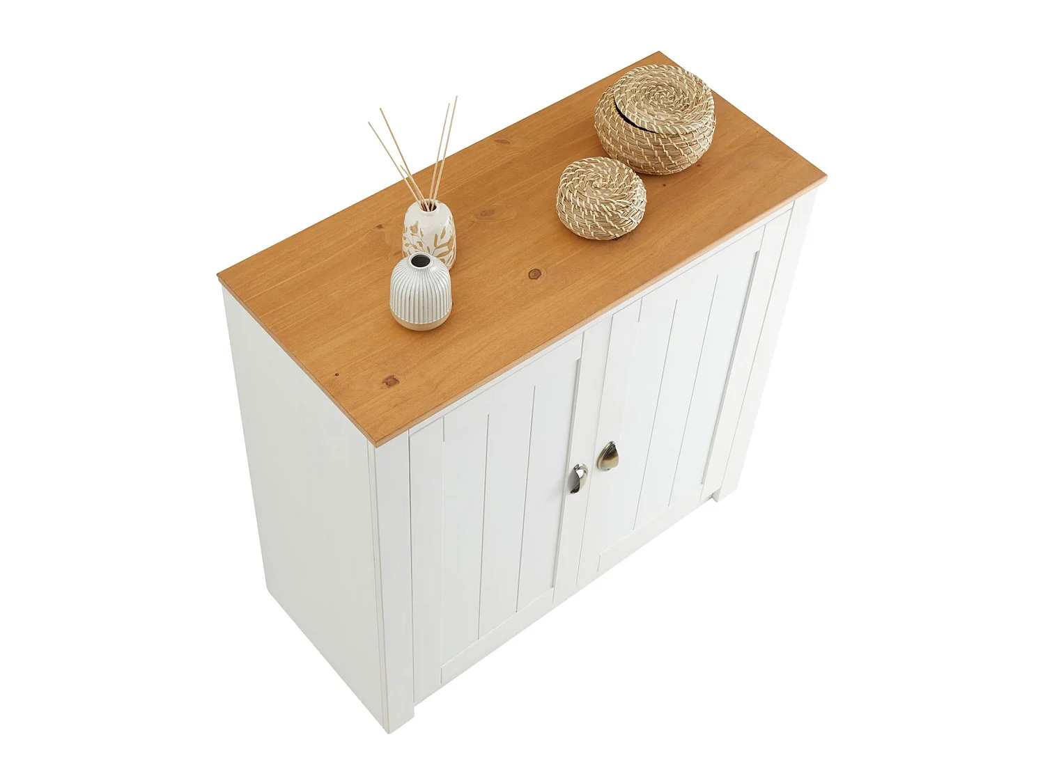 Buffet salle à manger BOLTON en bois massif L 91 cm avec 2 grandes portes battantes , blanc et brun