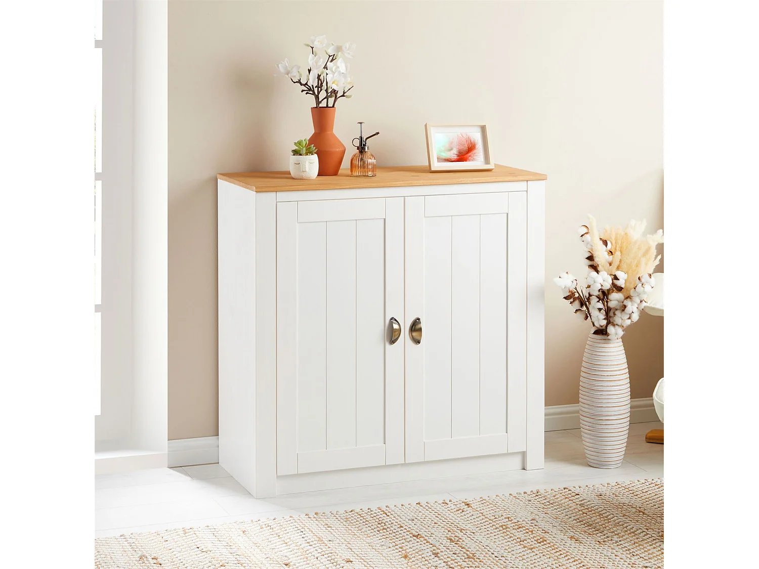 Buffet salle à manger BOLTON en bois massif L 91 cm avec 2 grandes portes battantes , blanc et brun