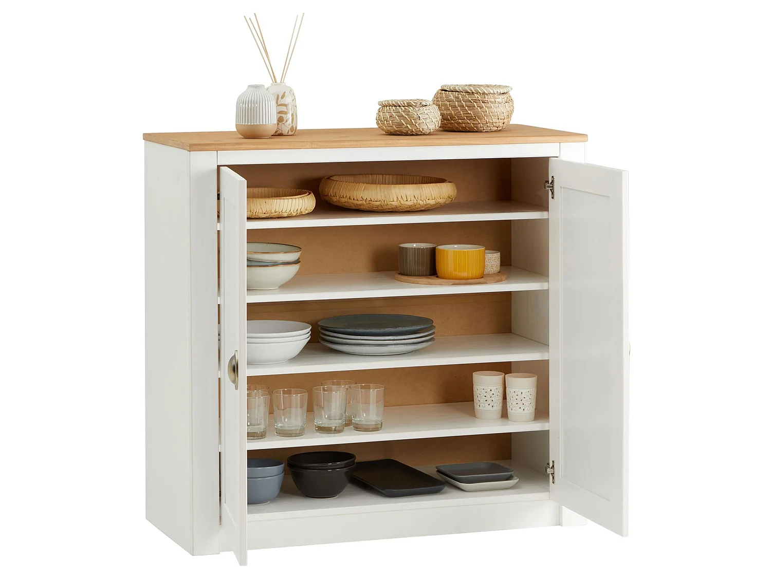 Buffet salle à manger BOLTON en bois massif L 91 cm avec 2 grandes portes battantes , blanc et brun