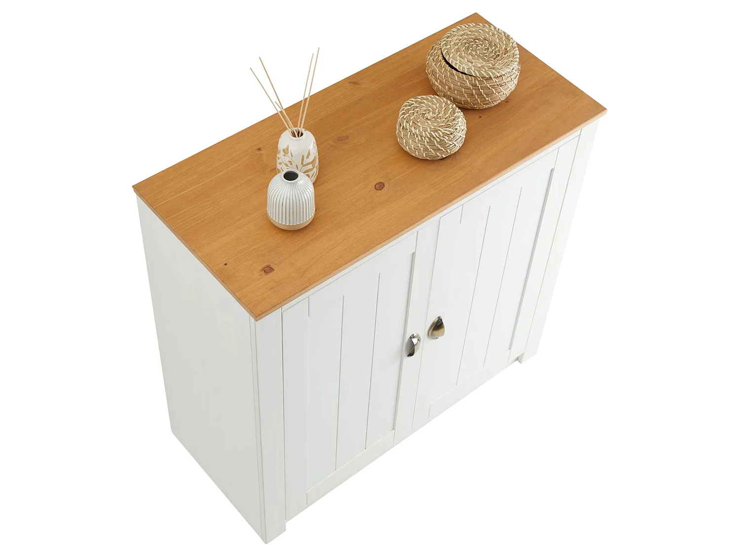 Buffet salle à manger BOLTON en bois massif L 91 cm avec 2 grandes portes battantes , blanc et brun