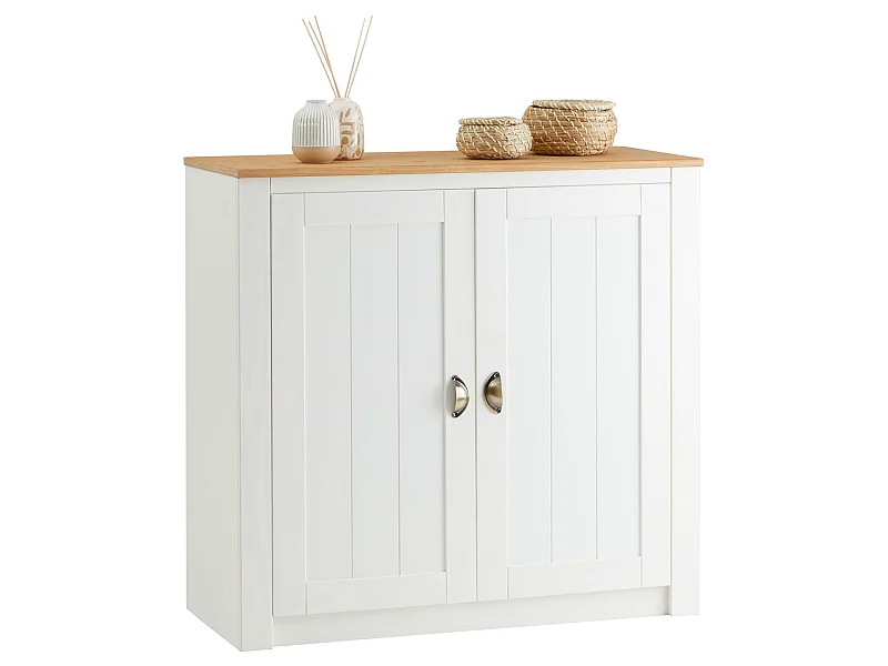 Buffet salle à manger BOLTON en bois massif L 91 cm avec 2 grandes portes battantes , blanc et brun