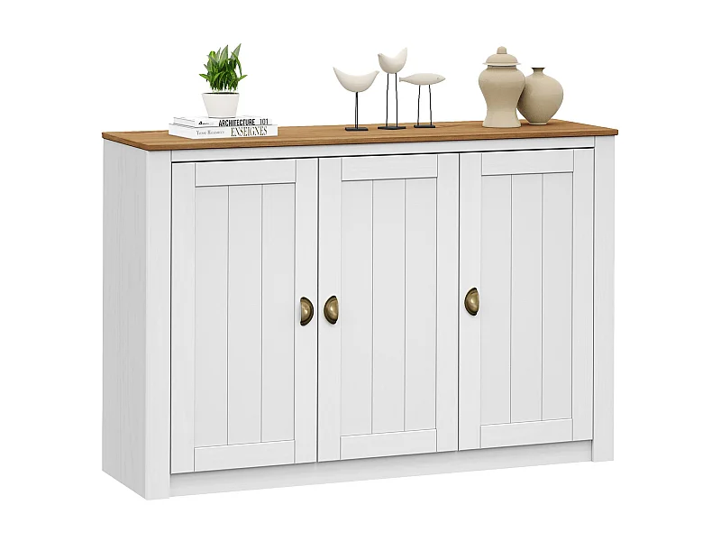 Buffet salle à manger BOLTON  L 130 cm en bois massif blanc et brun avec 3 portes battantes et 5 étagères, style moderne