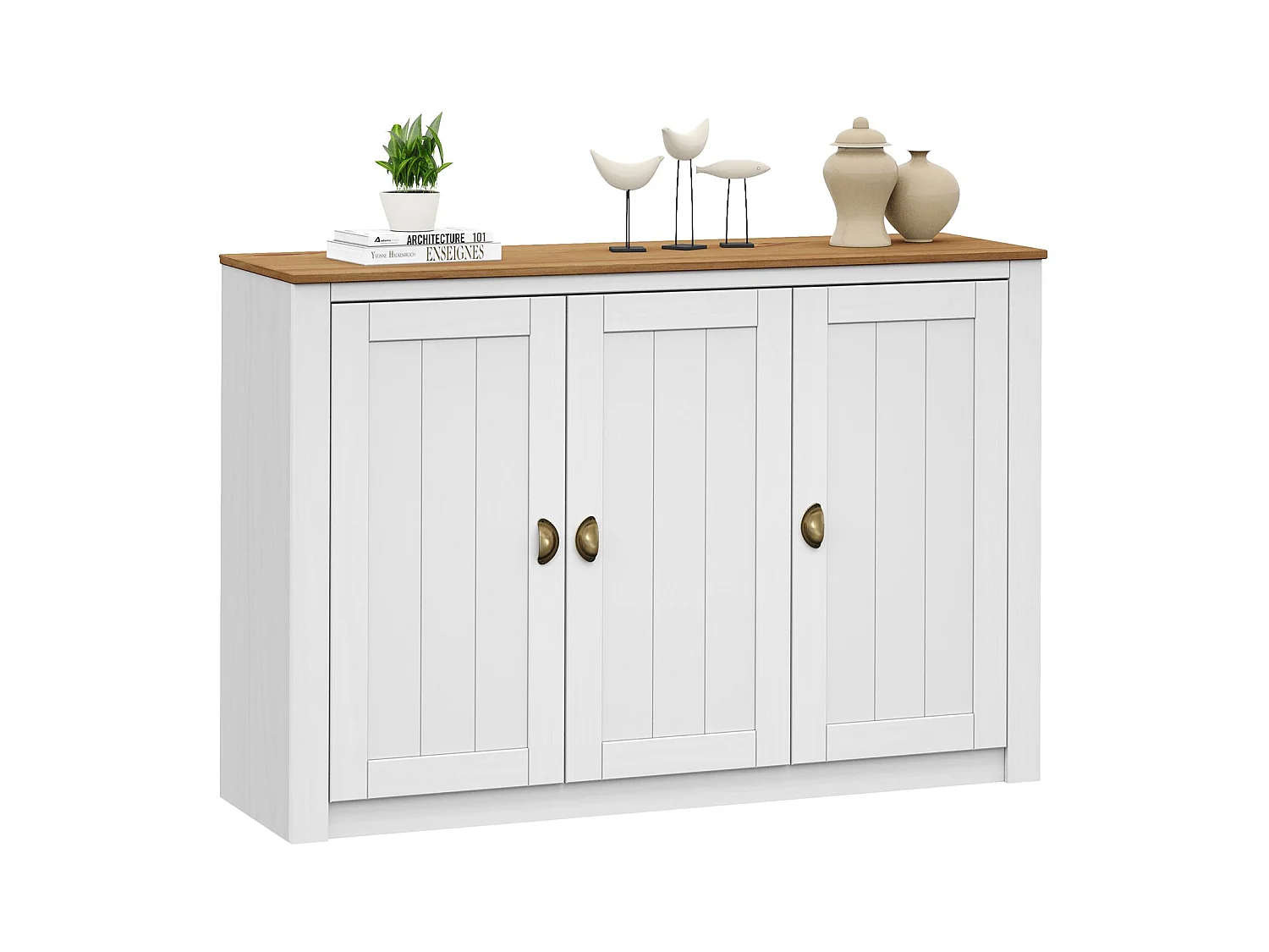 Buffet salle à manger BOLTON  L 130 cm en bois massif blanc et brun avec 3 portes battantes et 5 étagères, style moderne
