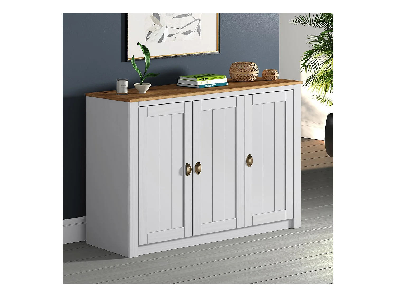 Buffet salle à manger BOLTON  L 130 cm en bois massif blanc et brun avec 3 portes battantes et 5 étagères, style moderne