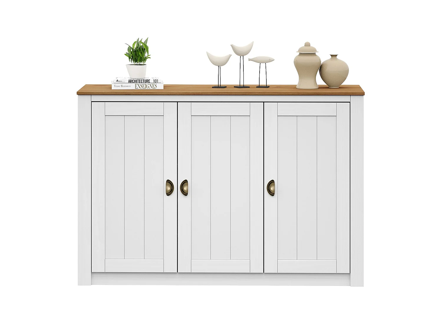 Buffet salle à manger BOLTON  L 130 cm en bois massif blanc et brun avec 3 portes battantes et 5 étagères, style moderne