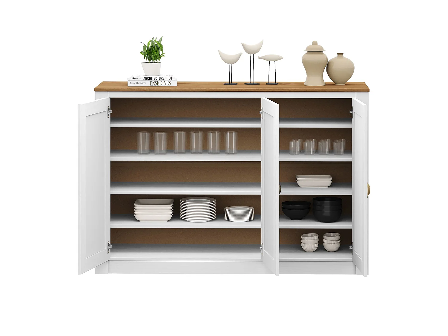 Buffet salle à manger BOLTON  L 130 cm en bois massif blanc et brun avec 3 portes battantes et 5 étagères, style moderne