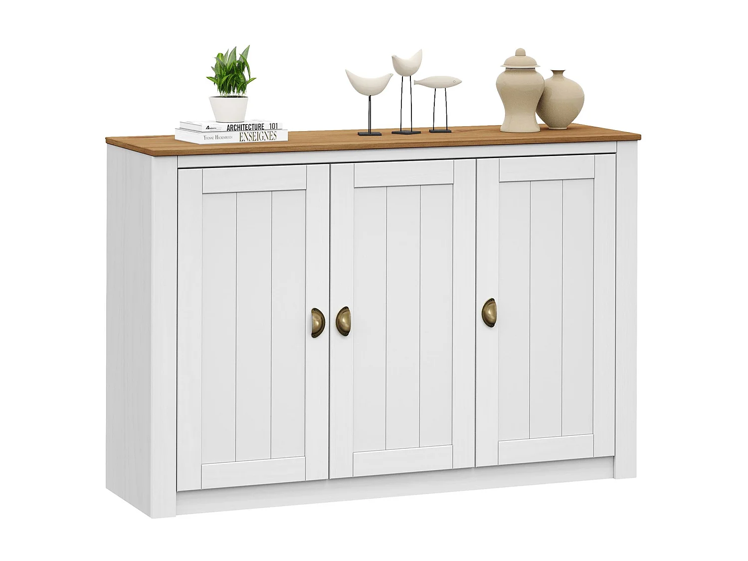 Buffet salle à manger BOLTON  L 130 cm en bois massif blanc et brun avec 3 portes battantes et 5 étagères, style moderne