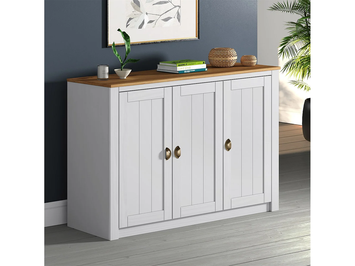 Buffet salle à manger BOLTON  L 130 cm en bois massif blanc et brun avec 3 portes battantes et 5 étagères, style moderne