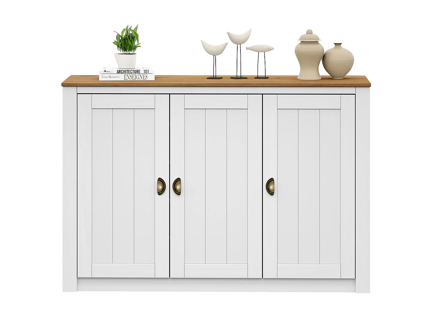 Buffet salle à manger BOLTON  L 130 cm en bois massif blanc et brun avec 3 portes battantes et 5 étagères, style moderne