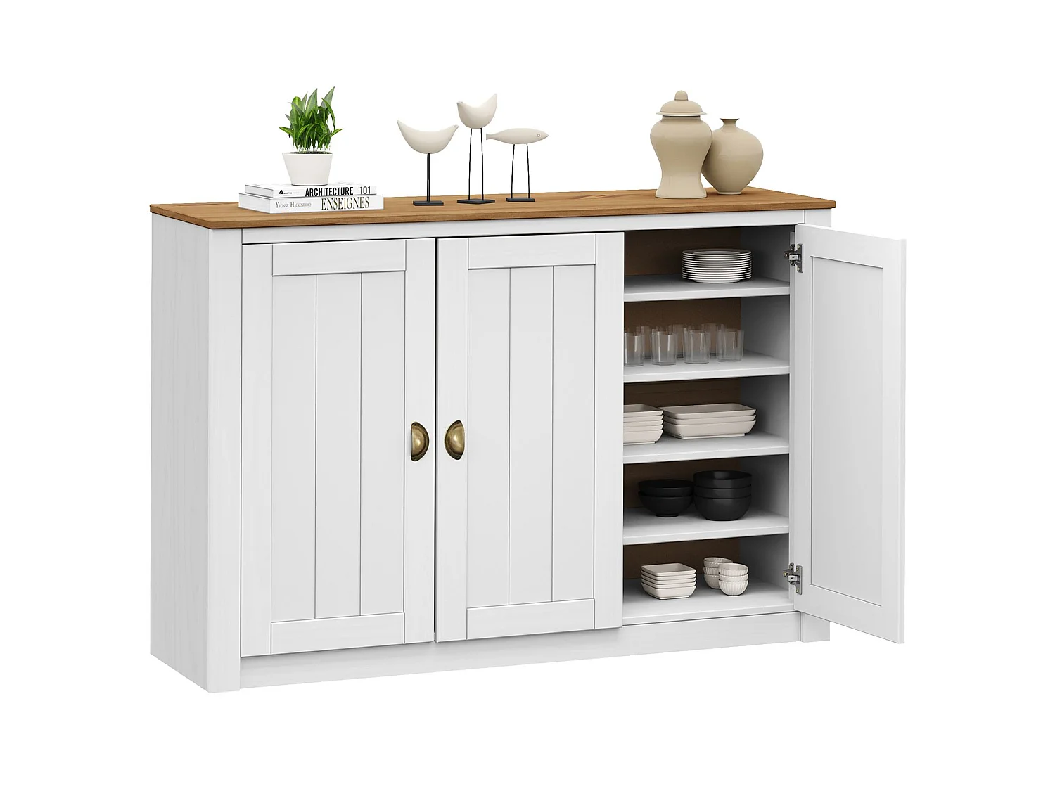 Buffet salle à manger BOLTON  L 130 cm en bois massif blanc et brun avec 3 portes battantes et 5 étagères, style moderne