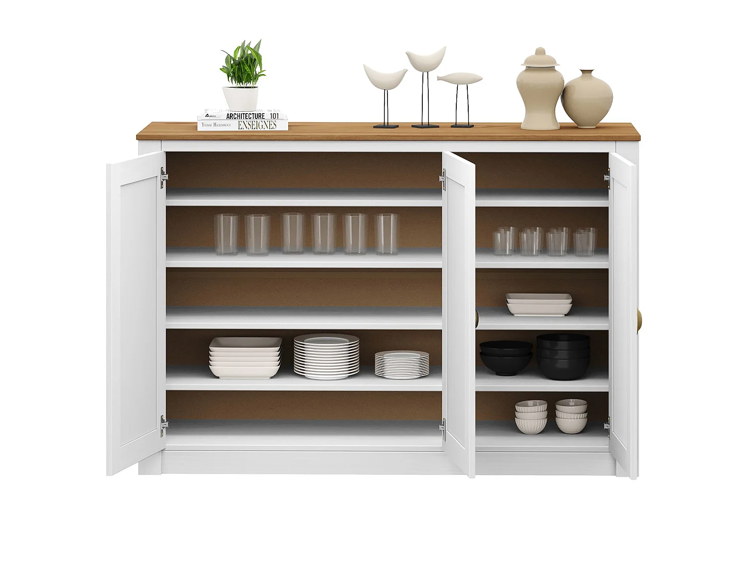 Buffet salle à manger BOLTON  L 130 cm en bois massif blanc et brun avec 3 portes battantes et 5 étagères, style moderne